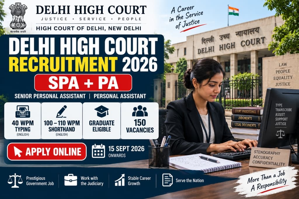 Delhi High Court Recruitment 2026: Senior Personal Assistant and Personal Assistant Vacancies, Typing Test, Shorthand, Eligibility, Salary and How to Apply