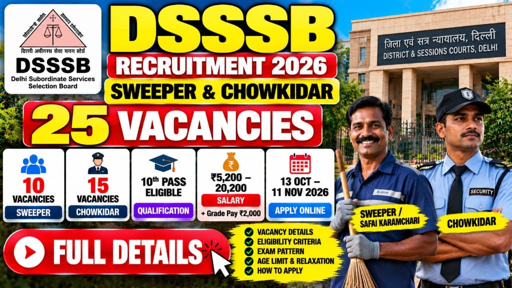 DSSSB Recruitment 2026: 25 Vacancies for Sweeper and Chowkidar, Eligibility, Salary, Exam Pattern and How to Apply