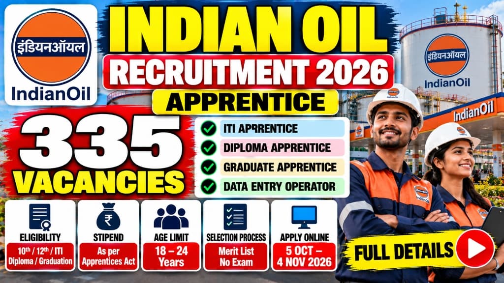 Indian Oil Recruitment 2026: 335 Vacancies, Eligibility, Stipend, Selection Process and Apply Online