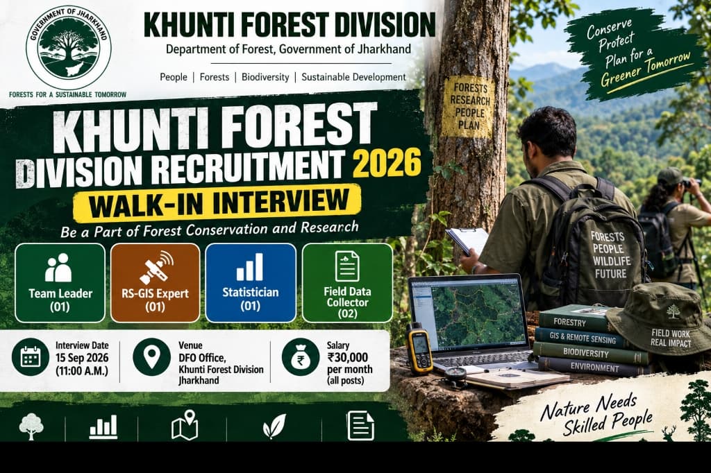 Khunti Forest Division Recruitment 2026: Walk-in Interview for 5 Posts, ₹30,000 Salary, Eligibility and How to Apply