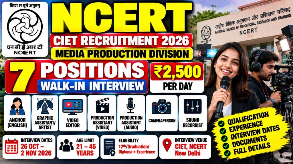 NCERT CIET Recruitment 2026: Walk-in Interview for 7 Media Positions, ₹2,500 Daily Wage, Eligibility and Interview Dates