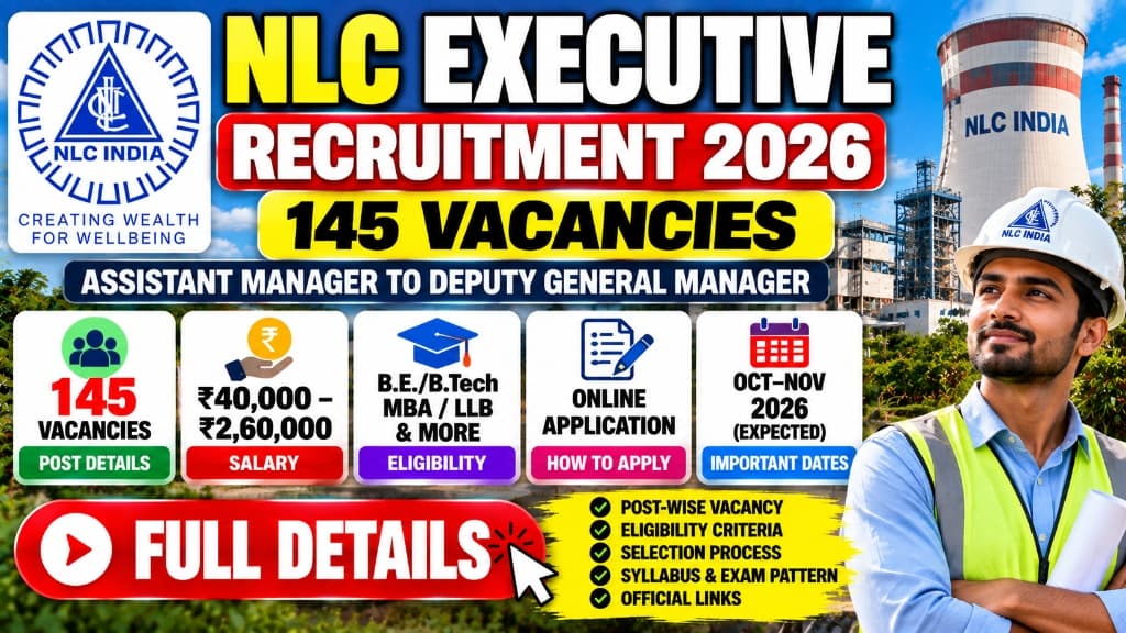 NLC Executive Recruitment 2026: 145 Vacancies, Salary Up to ₹2.60 Lakh, Eligibility and How to Apply