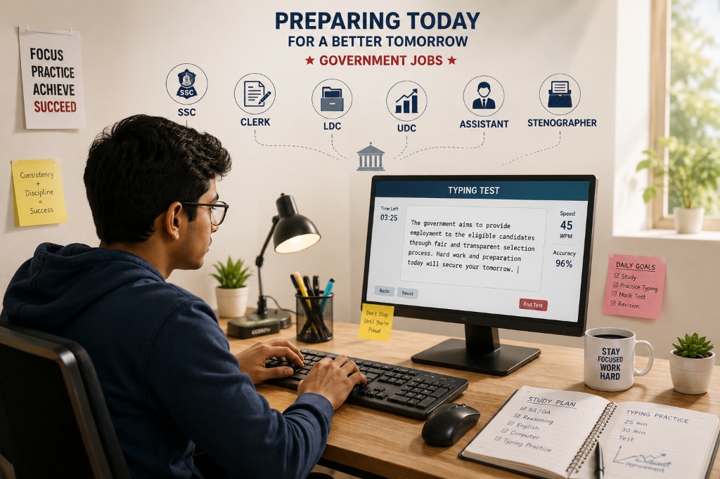 A candidate practicing typing at a desk for Indian government clerical job exams such as SSC, LDC, UDC, and Stenographer