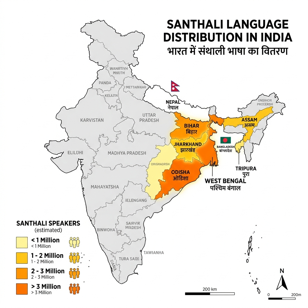 संथाली भाषा बोलने वाले क्षेत्रों का मानचित्र