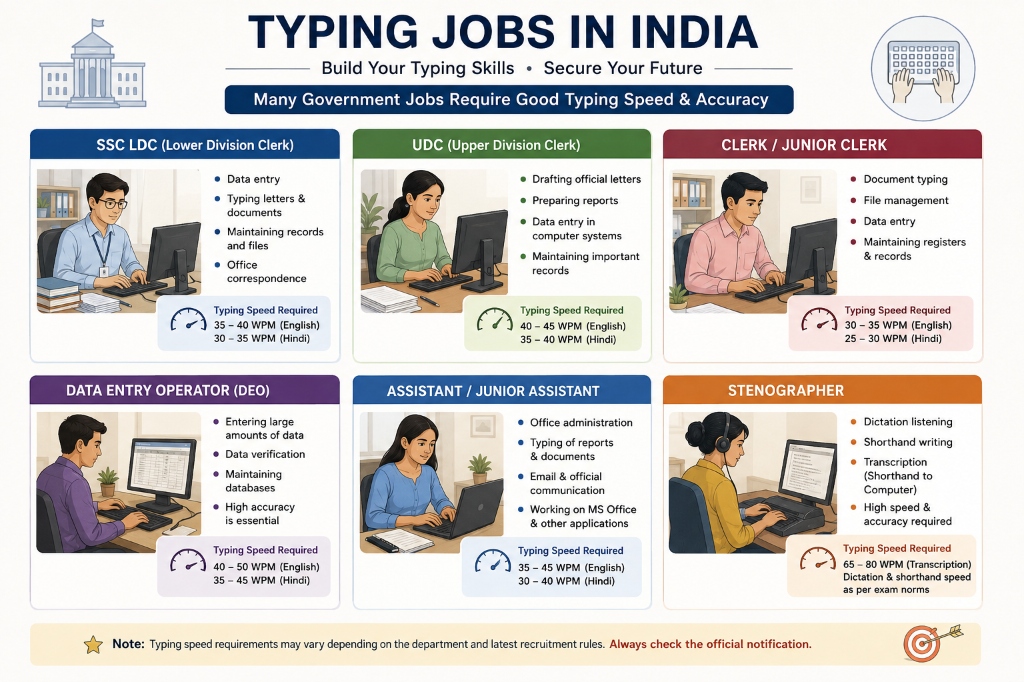 Visual table explaining various typing jobs in India, speed requirements and responsibilities for SSC LDC, UDC, Clerks, Data Entry Operators, Assistants and Stenographers